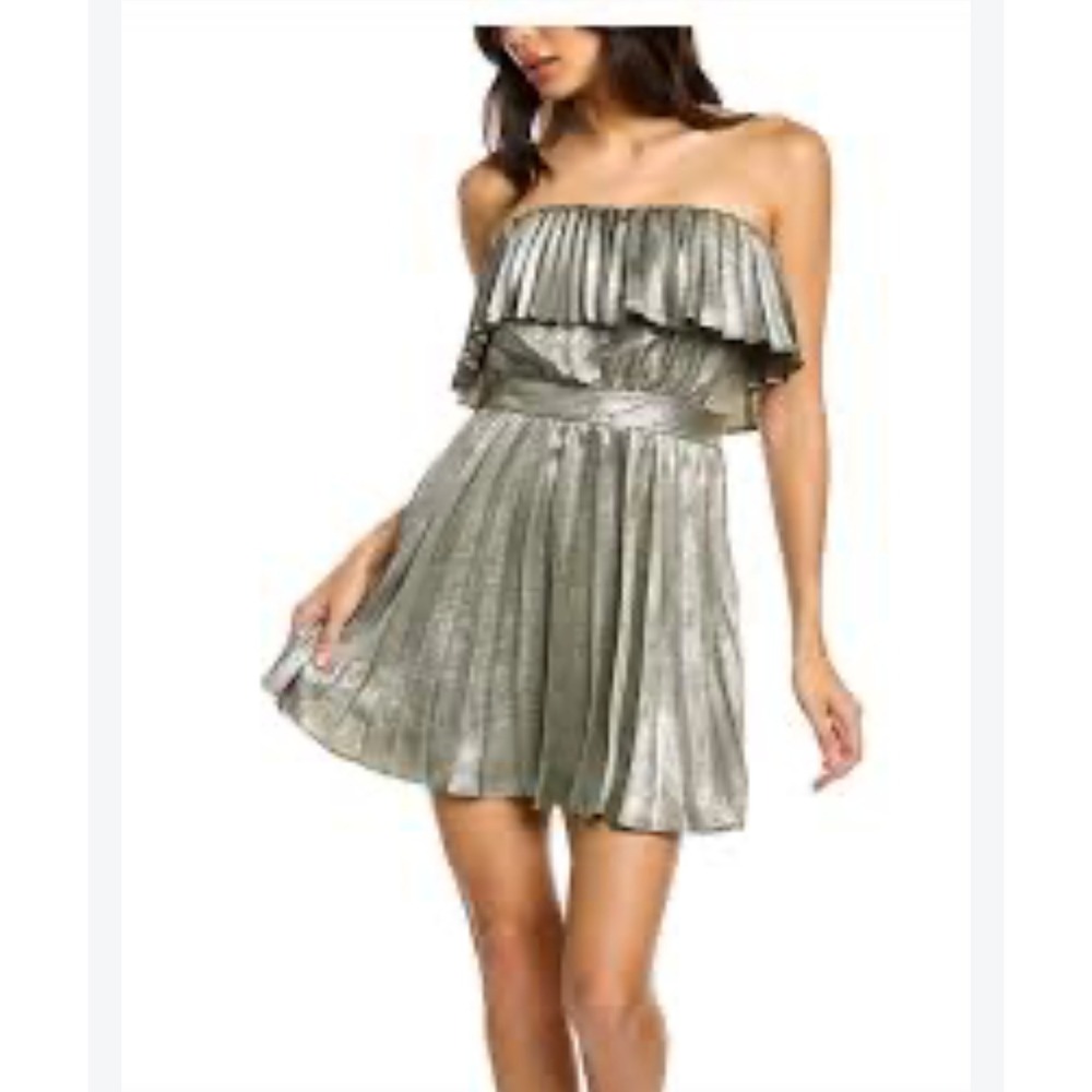 Ramy Brook Silver Metallic Pleated Strapless Ruffle Mini Dress Size 6